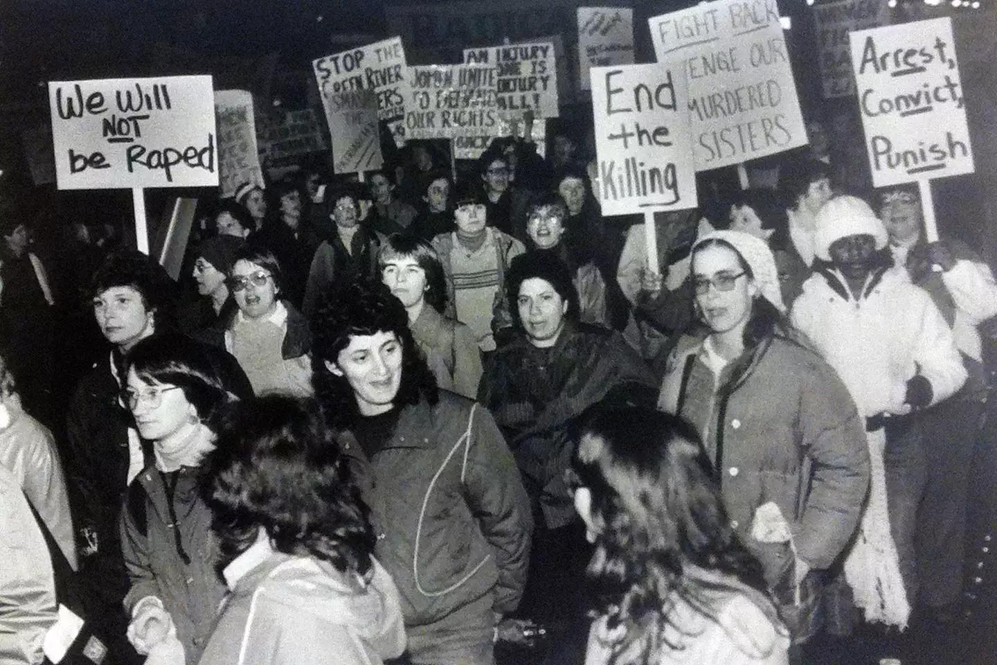 Women gather in Seattle to demand action to stop the Green River killings. Photo filed April 22, 1984. (MOHAI, Seattle Post-Intelligencer Collection, 2000.107)